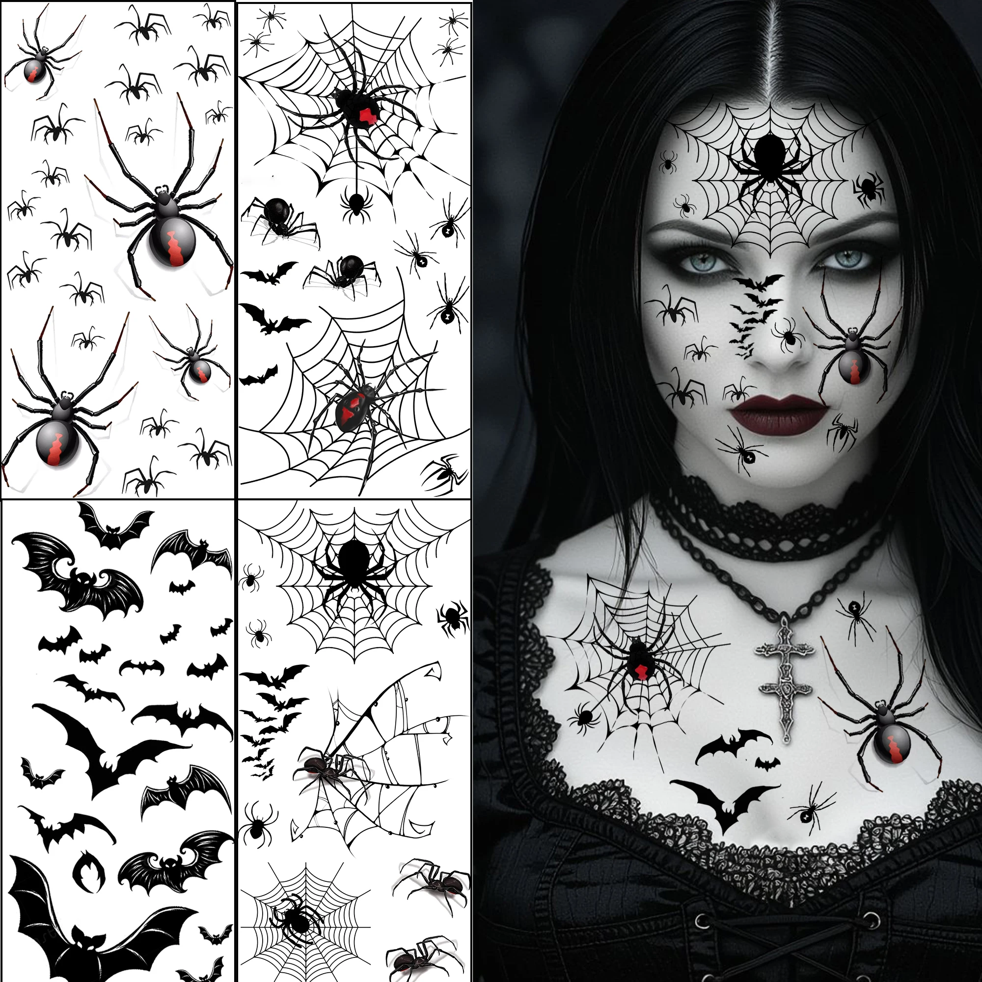 4 Sheets Scary 3D Spiders Halloween Zombie Temporary Tattoo Stickers For Adult, Waterproof Realistic Temp Fake Tattoos Long Last