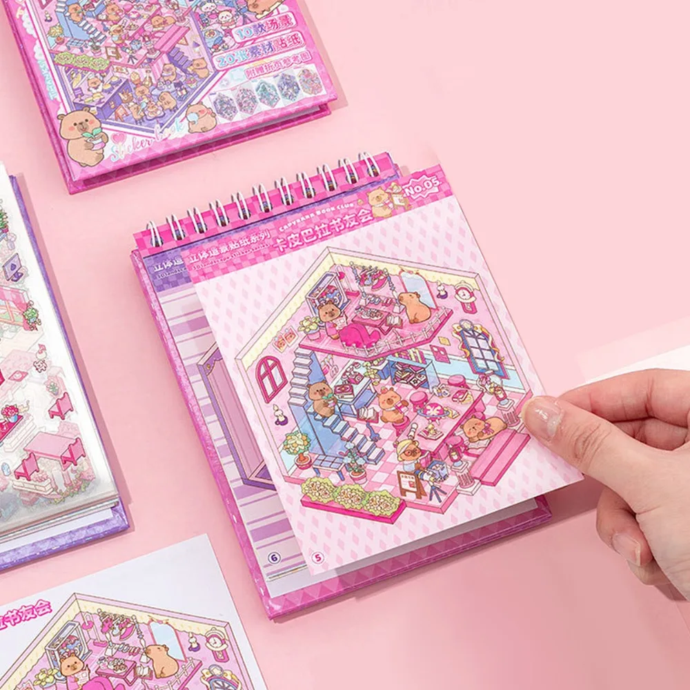 10Sences in 1Book 2.5D Landscape Sticker Cartoon Cabin Scene DIY Sticker Stacking Pasting Festival Birthday Gift