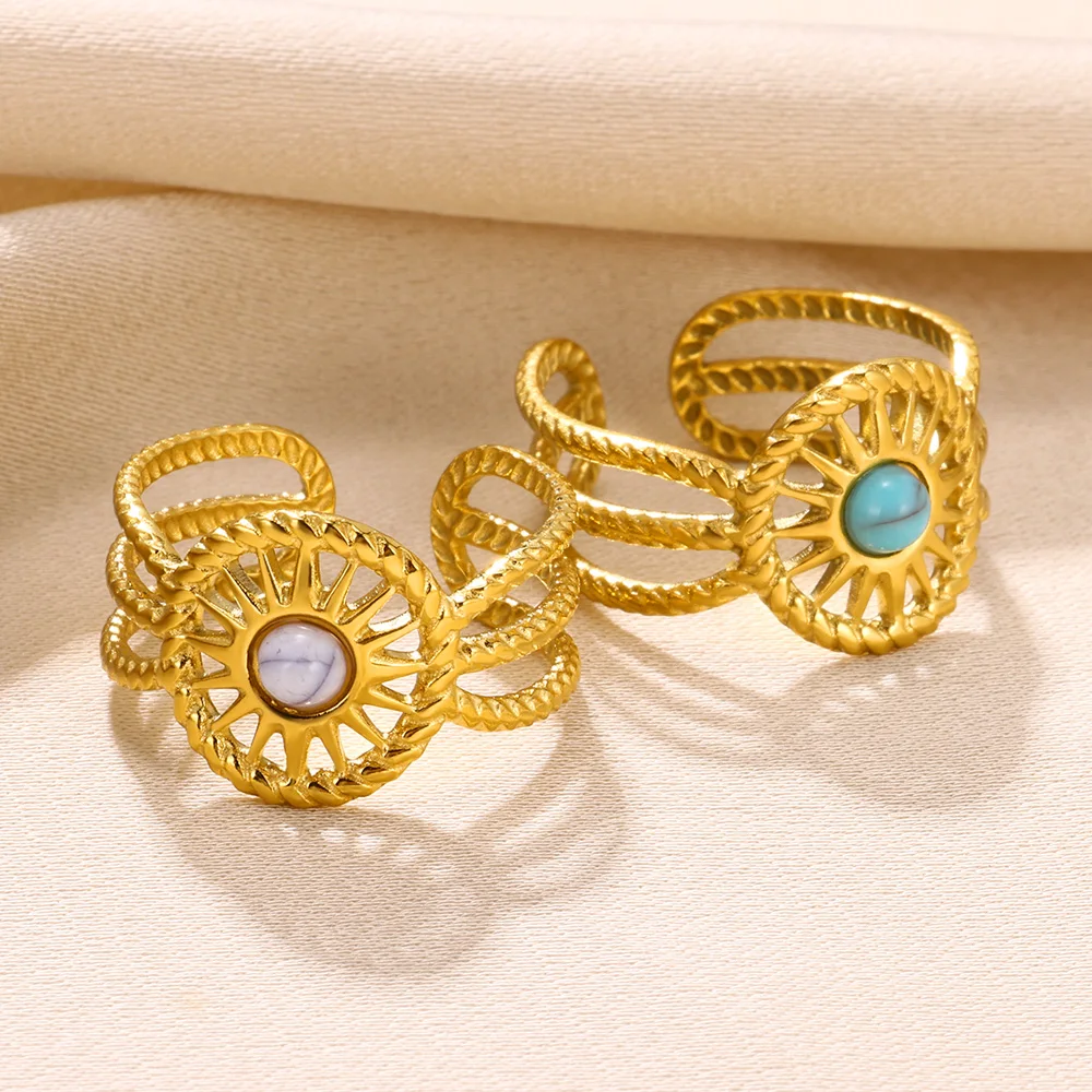 

Round Sun Natural Stone Hollow Rings For Women Trendy Aesthetic Classic Gold Color Ring Vintage Stainless Steel Jewelry Gift New