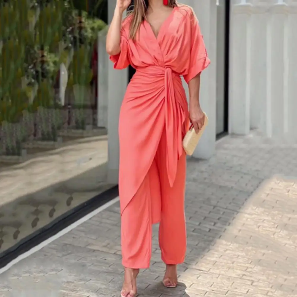 

Women Party Jumpsuit Deep V Neck Solid Color Pleated Knot Irregular Hem Dress-up Ankle Length OL Style Commute Lady Garment