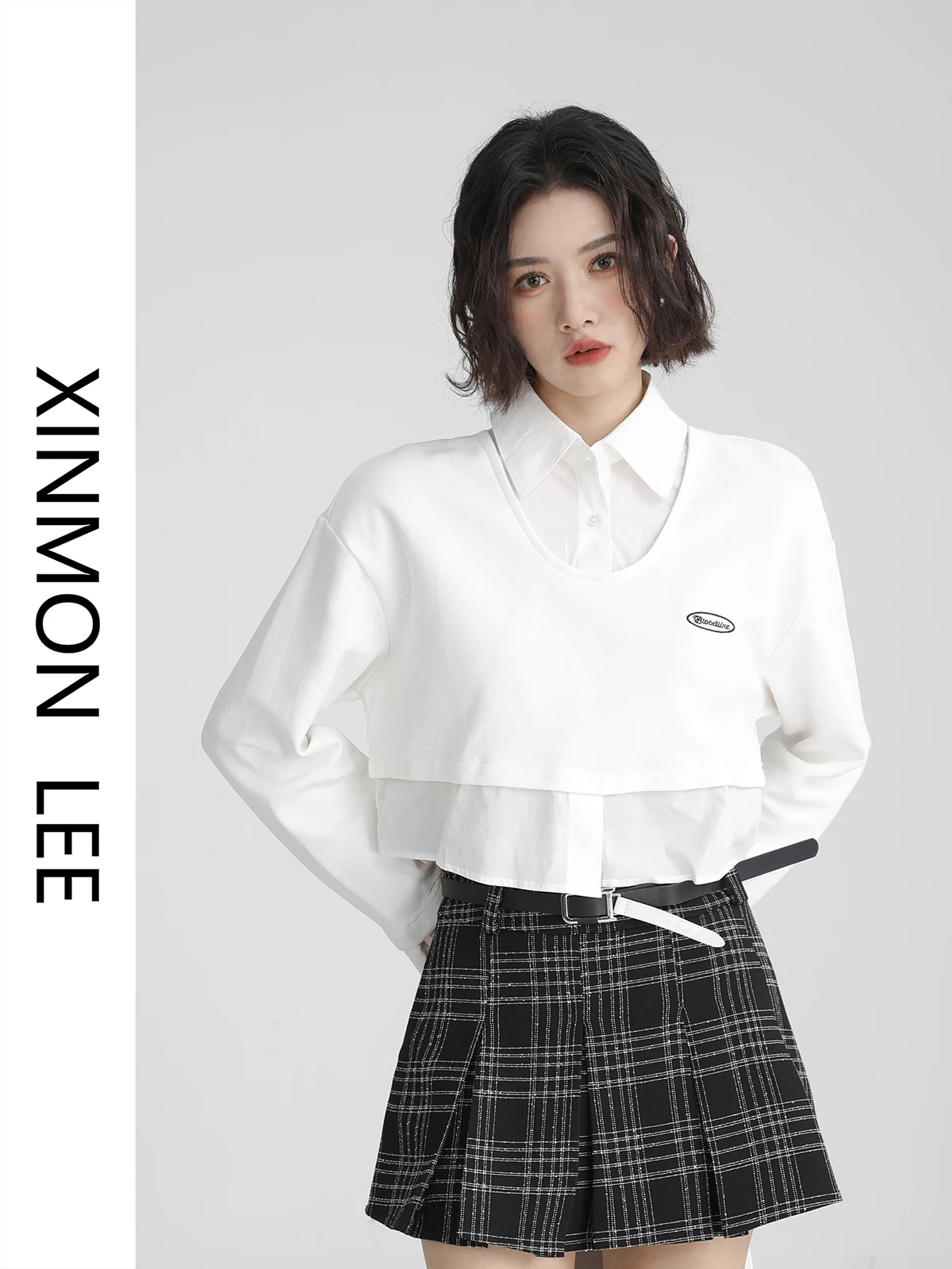 

Chic ort Ladies irt Xinmon College Sle Unique Faionable Small Top Button up Collar Long Sve Straight Cut Spring