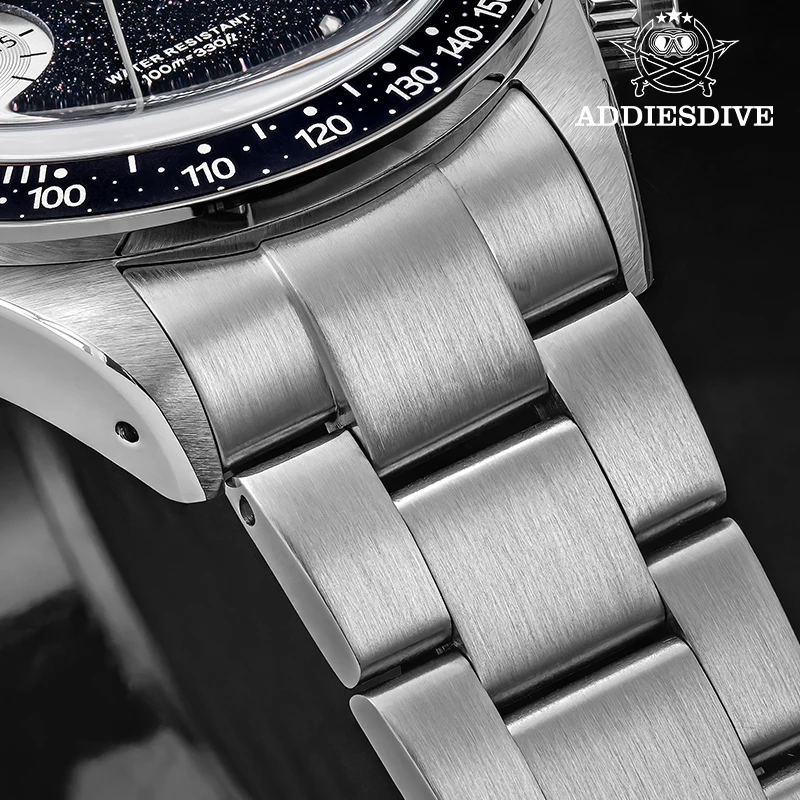ADDIESDIVE VK64 Chronograph Watches Men 100M Waterproof Quartz Luxury Wristwatch Blue Sandstone Dial Bubble Glass Luminous Watch