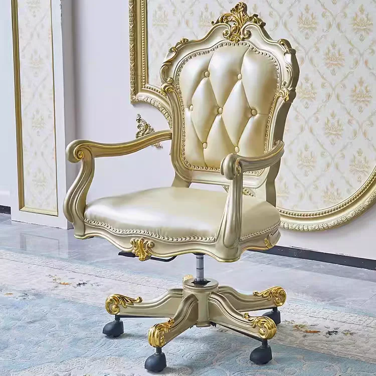 

European solid wood carving flower chair luxury gold foil leisure chair villa living room American rotating chair