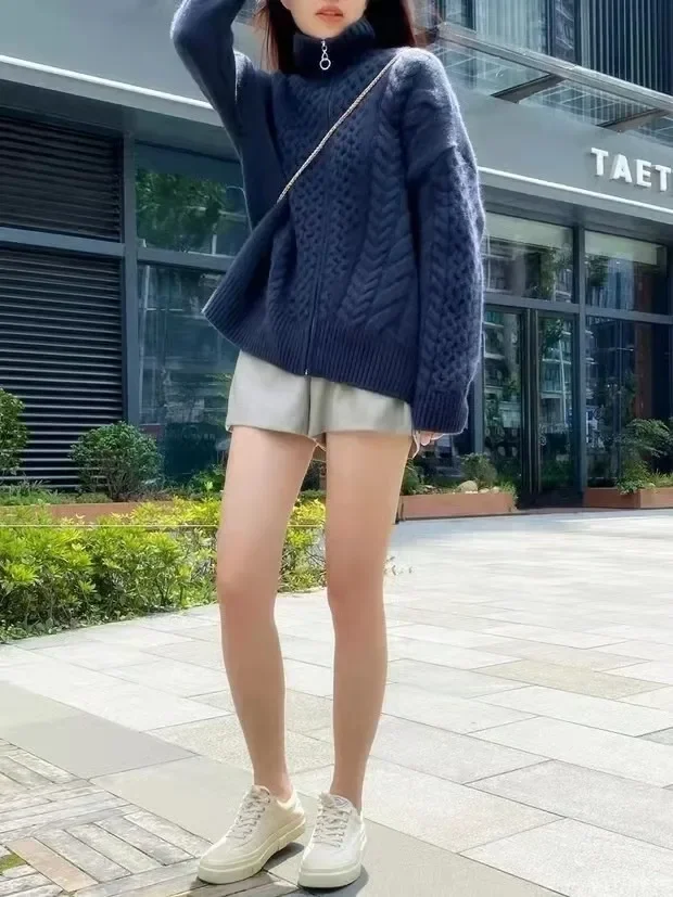 Autumn And Winter New Thick Turtleneck Cashmere Knitted Cardigan Women's Loose Wool Sweater Cardigan Larg Size Female Jacket Top