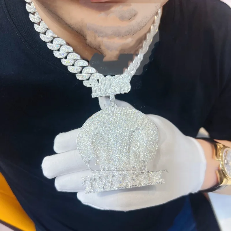 925 Colar de Pingente de Prata, Hip Hop Jóias Finas, Ouro Branco Bling, Moissanite Diamante, gelado Sólido Pesado, Corrente Personalizada