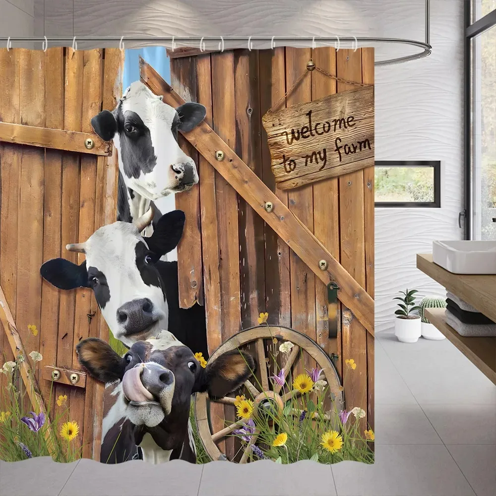 Funny Farm Cow Shower Curtain Rustic Wooden Door Highland Cow Wooden Panel Lavender Flower Cloth Hanging Curtains Bathroom Decor