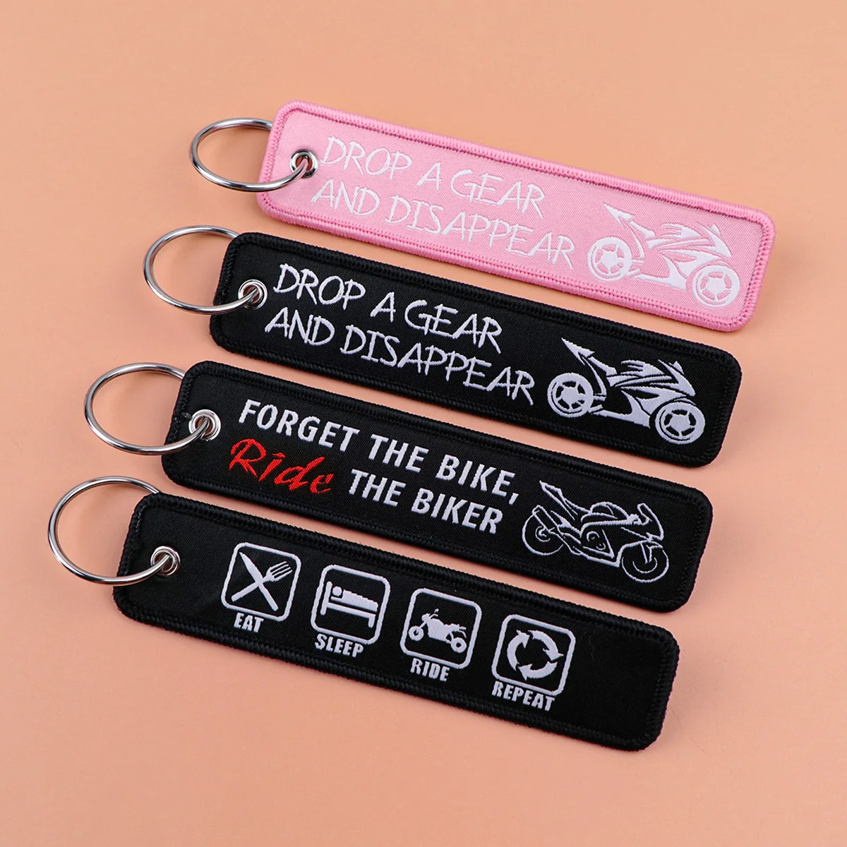 Eat Sleep Ride Repeat Embroidered Keychain Drop A Gear And Disappear Key Tag Biker Quotes Key Ring Car Accessories Gift