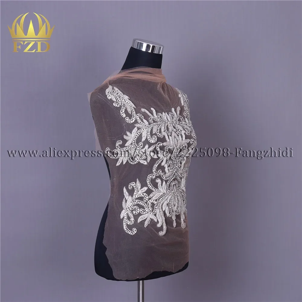 FZD 1 Piece Hot Sale Clear Crystal Beaded Stone Patches White Beads for Wedding Dresses DIY Decorative Clothes Appliques
