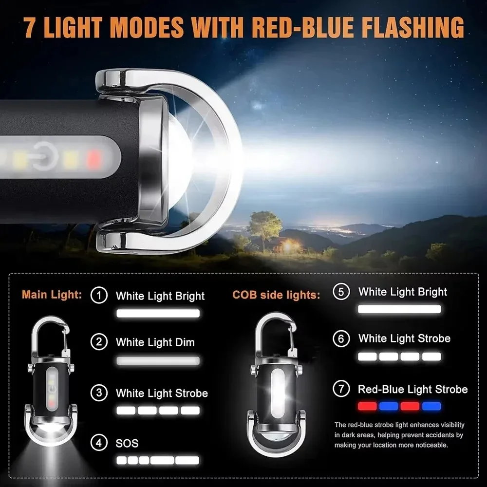 USB Rechargeable Mini COB Keychain Flashlight Portable Pocket Torch with Hook LED Work Light Lamp Camping Hiking Emergency Use