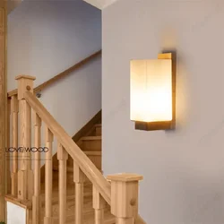 Creative LED Wooden Wall Lamp E27 Glass Lampshade Bedroom Bedside Lamp Indoor Living Room Corridor Balcony Decorative Wall Lamp