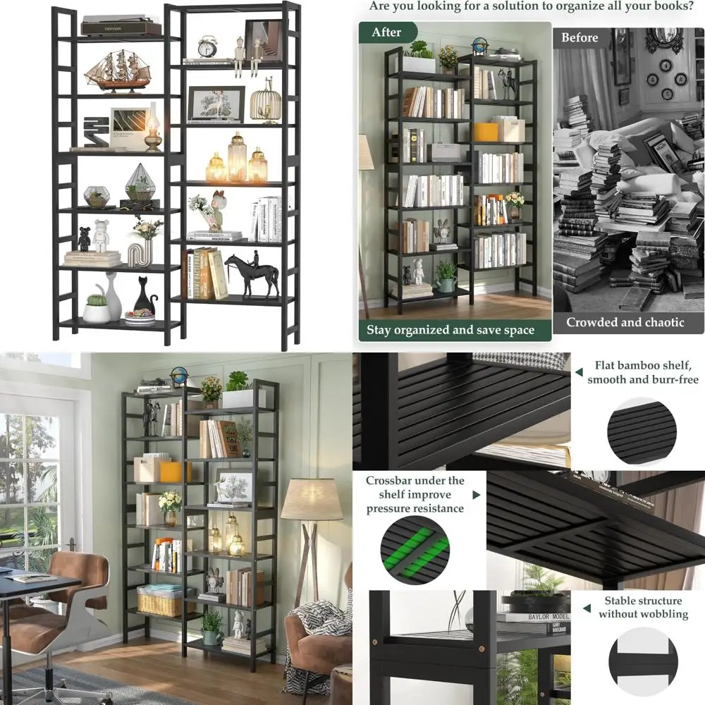 

6-Tier Bamboo Bookshelf in Black, Large 6ft Tall Open Display Shelves for Books and More