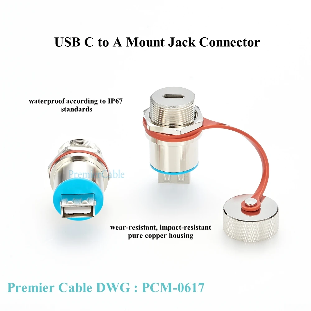 Ruggedized USB 2.0 Type C Panel Mounting IP68 Waterproof Connector Rugged USB C to A Connector Panel Mount with Dust Cap