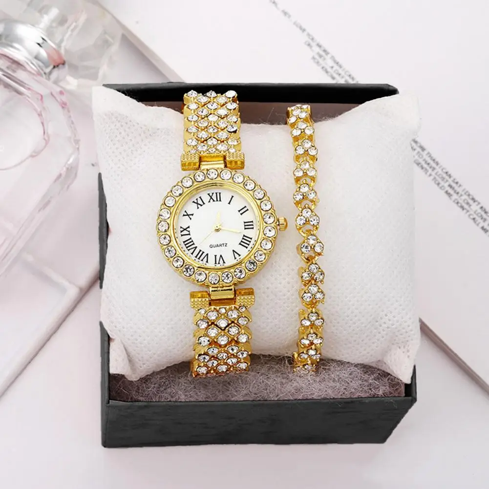 3 Pcs/Set Watch Bracelet Set Shiny Rhinestone Quartz Movement Luxurious Watch Bracelet Set Wrist Watch Bracelet Rhinestone Watch