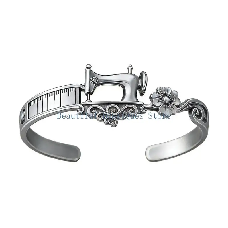U4LF Adjustable Sewing Bracelet Open Cuff Alloy Bangle with Vintage Sewing Machine and Tape Measure Detail for Craft Lovers