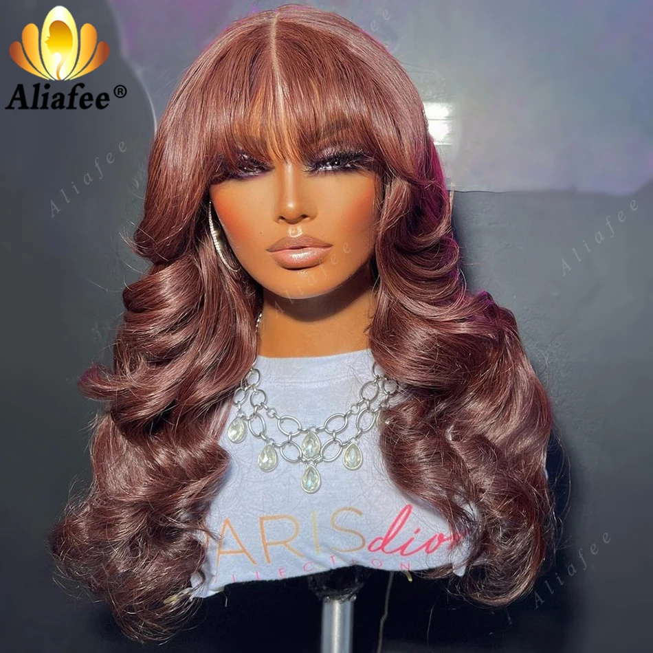 

13x4 13x6 Lace Frontal Wigs Reddish Brown Color Body Wave Wig With Bangs Brazilian 5x5 Lace Closure Human Hair Wigs For Women