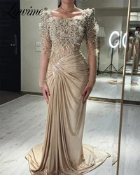 Customized 2025 Champagne Prom Dresses Long Sleeves A Line Handmade Flower Beading Crystals Evening Dress Engagement Party Gowns