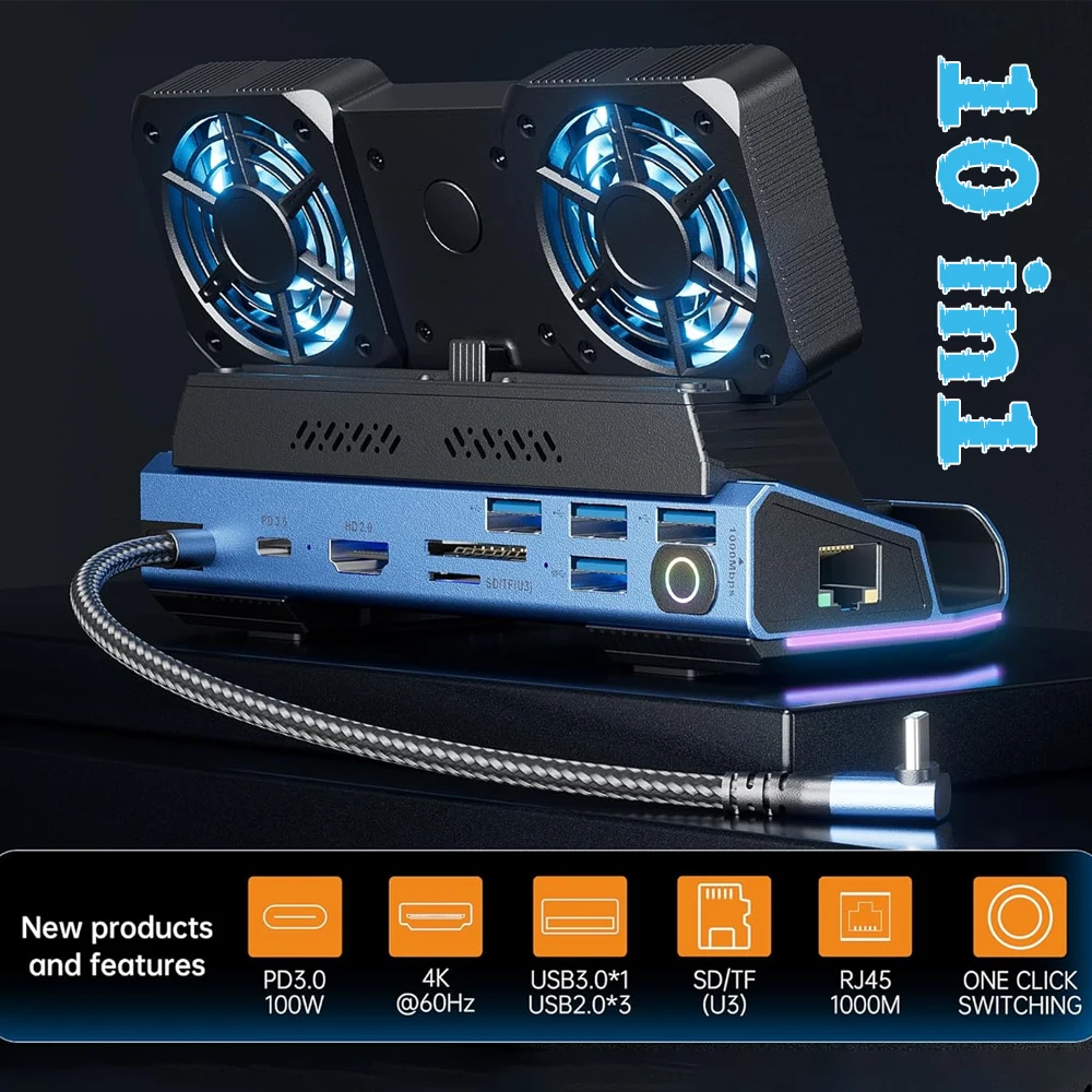 Steam Deck OLED i ROG Ally X 10 w 1, wyjmowane podwójne wentylatory chłodzące, 4K przy 60 Hz, 4 porty USB, ładowanie PD 100 W, port Gigabit Ethernet — zdjęcie produktu 2