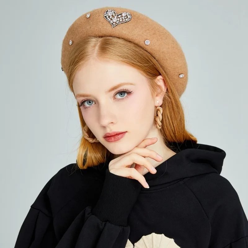 2023 New Winter Women Wool Beret Love Heart Rhinestone Female Berets Beanies British Vintage Painter Hat Lady Warm Outdoor Hats