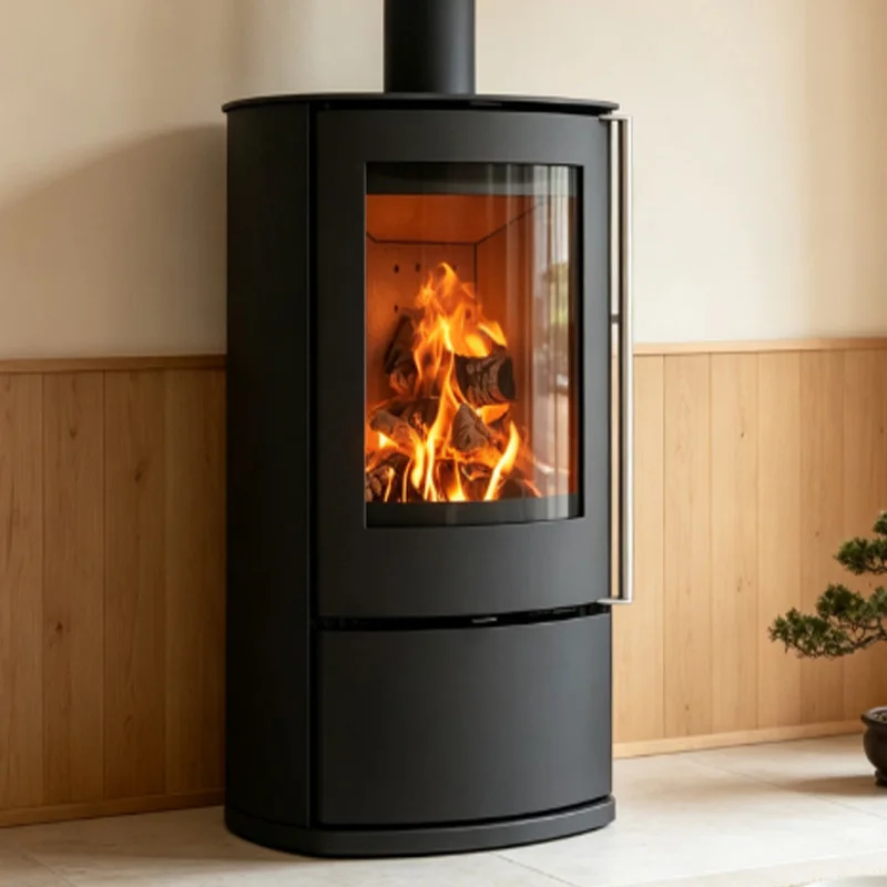 Fireplace Freestanding Modern Wood Burning Stove Large Curved Glass for Living Room Indoor Heating (9KW Carbon Steel 80-120M)