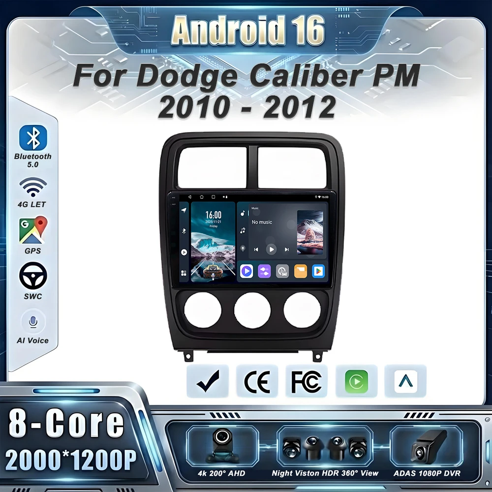 Car GPS Android 16 Auto Radio For Dodge Caliber PM 2010 - 2012 Stereo Head Unit No 2din DVD QLED Screen Dash Cam 5G BT android