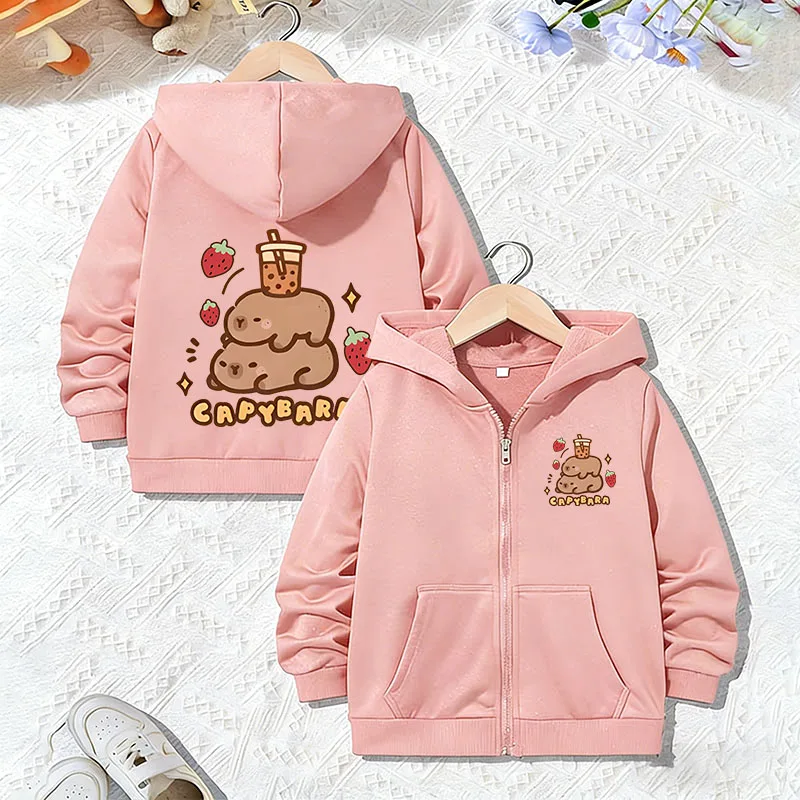 Sweet Strawberry with Capybara Zip Up Hoodie Jacket Boys Girls Zipper Spring Autumn Trendy 90s Cartoon Sweatshirts Children Kids