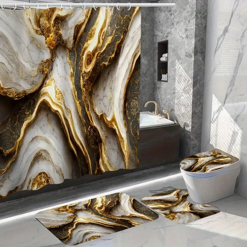 1/4pcs Golden Marble Pattern Shower Set, Waterproof Bath Curtain With Hooks, U- , Toilet Cover Mat, L-shaped Ma