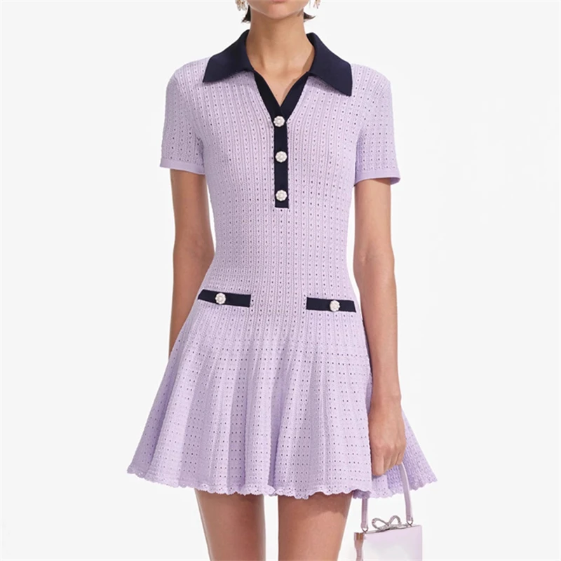 

The new summer women's lilac purple two-tone lapel openwork knitted short-sleeved dress y2k fashion elastic slimming mini skirt