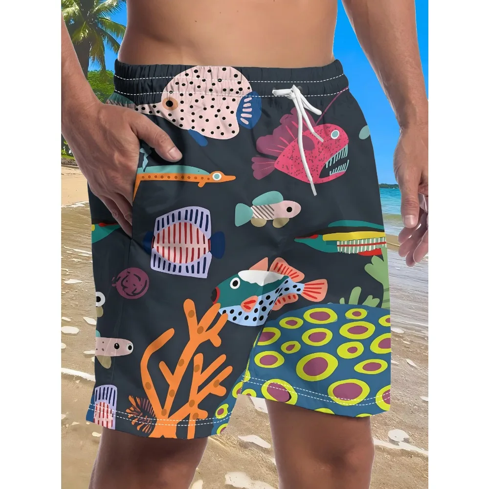 Cartoon Tropical Fish Coral Print Swim Trunks Quick Dry Drawstring Elastic Waist Pockets Beach Shorts Summer Ocean Hawaii Board