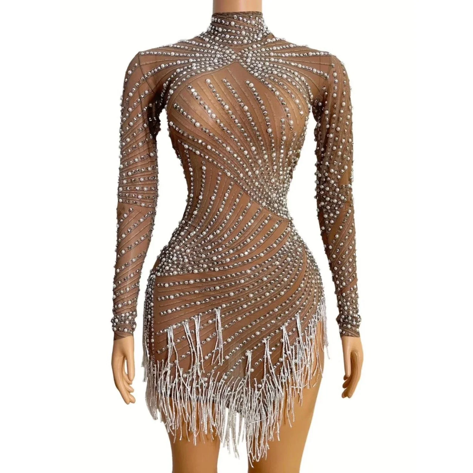 

Shinning Rhinestones Pearls White Fringe High Neck Mesh Sheath Mini Dress Bar Birthday Celebrate Dress Women Dance Outfit