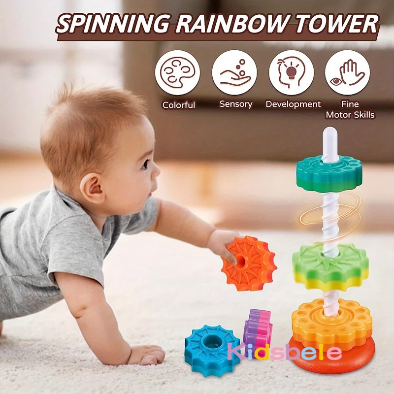 Rotated Rainbow Spinning Stacking Toys Baby Early Education Puzzle Development Intelligence Ring Toy For Kids Boys Wheel For Kid