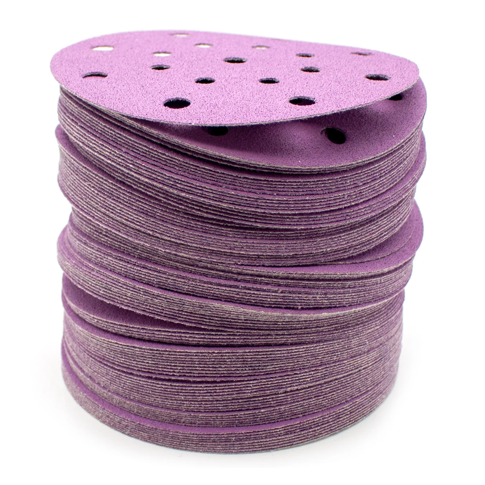 100Pcs 6 Inch 17 Hole Disc Sandpaper Self Adhesive Purple Sand Paper Diameter 150MM Car Dry Grinding Sandpaper 80-600 Mesh