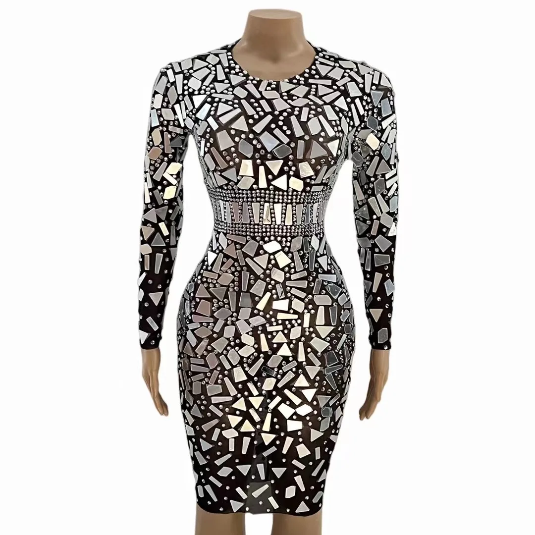 

Silver Rhinestones Mirrors Black Mesh Transparent Dress Women Birthday Evening Celebrate See Through Sexy Singer Outfit jingpian