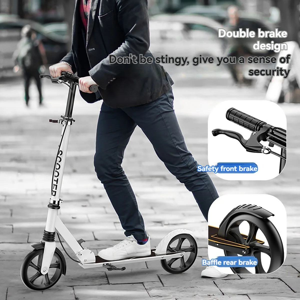 Scooter de pontapé não elétrico com sistema de suspensão, rodas grandes, 440 lbs, carga máxima, 8in, adultos e crianças