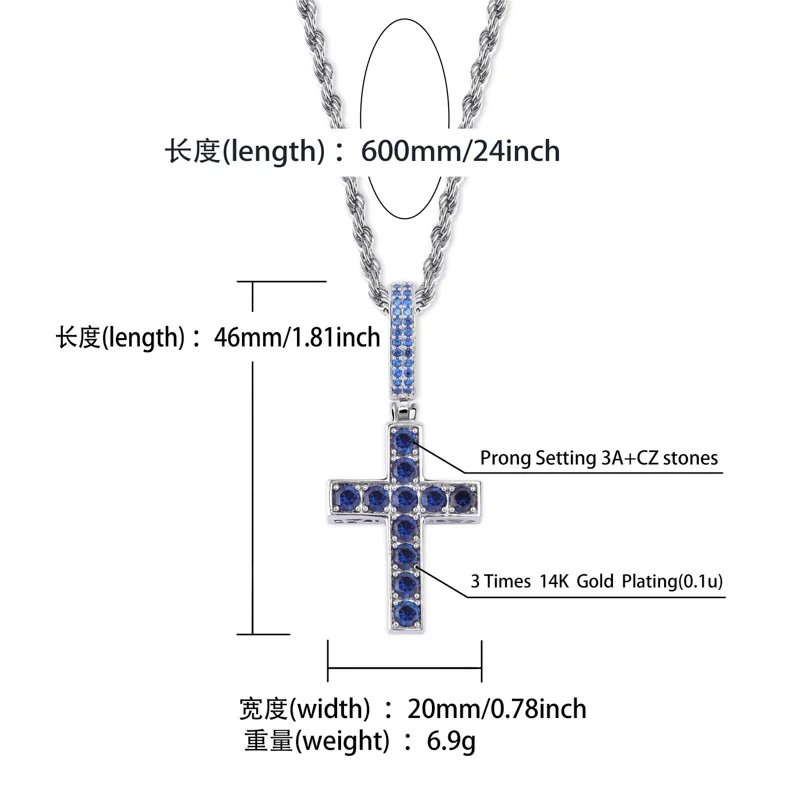 Blue/Green Cubic Zirconia Paved Bling Iced Out Two Side Can Wear Cross Pendants Necklace for Women Men Hip Hop Rapper Jewelry