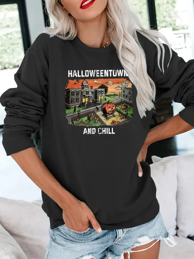 Halloween Town Print Sweatshirt, Casual Long Sleeve Crew Neck Sweatshirt For Spring & Fall, Women's Clothing