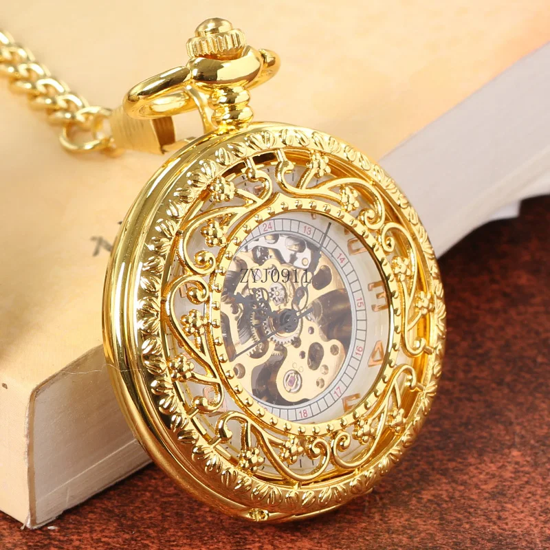 全自動機械式懐中時計レトロノスタルジックなフリップ中空メタルシェルネックレスウォッチ