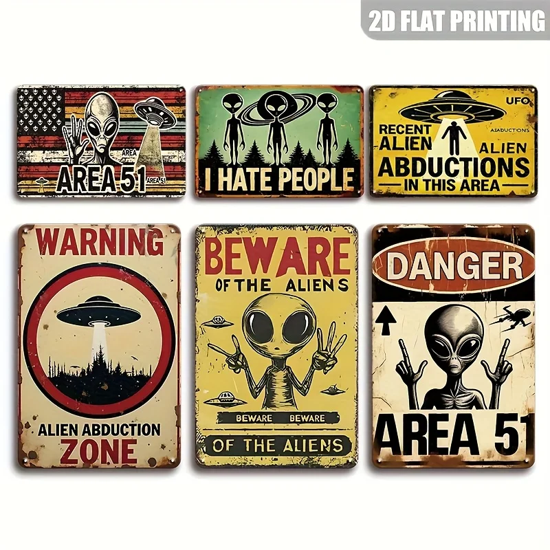 2D Flat, 6pcs, Vintage Alien Metal Signs - UFO-Themed Decor with Inspirational Quotes, UFO AREA Retro Plates, Easy to Hang - Per