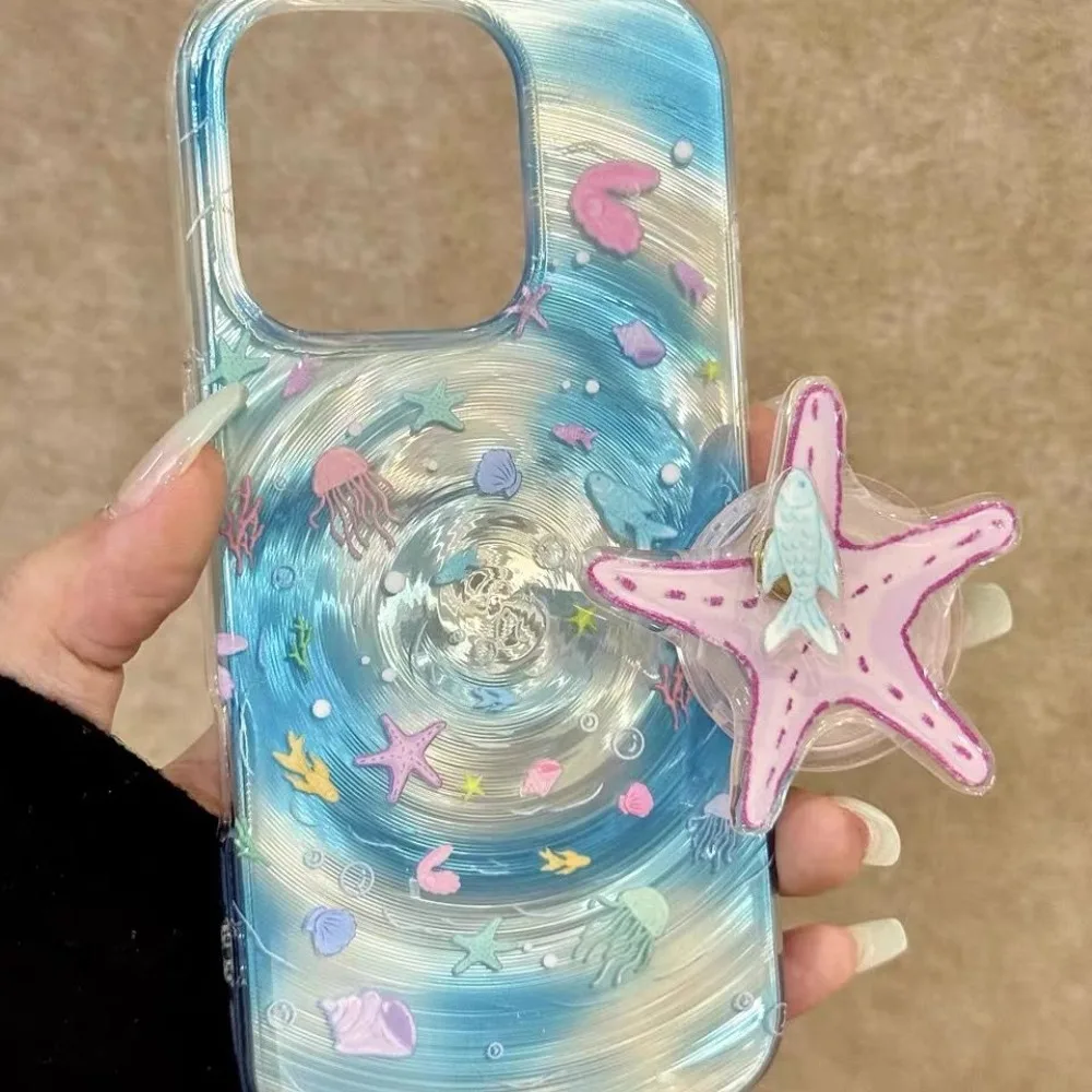 

INS Vortex Sea Animal Print Phone Case For iPhone 16 15 14 13 12 11 8 7 X XR XS Pro Max Plus Cover With Rotating Fish Bracket