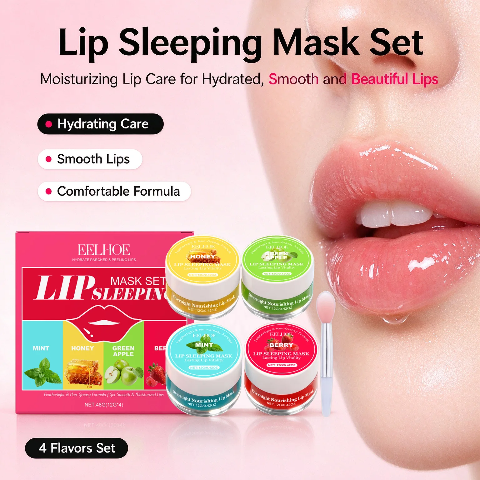 Lip Sleeping Mask Set Fades Lip Lines 4 Flavors Berry Mint Honey Green Apple Moisturizing Nourishing Lip Care Winter Skincare