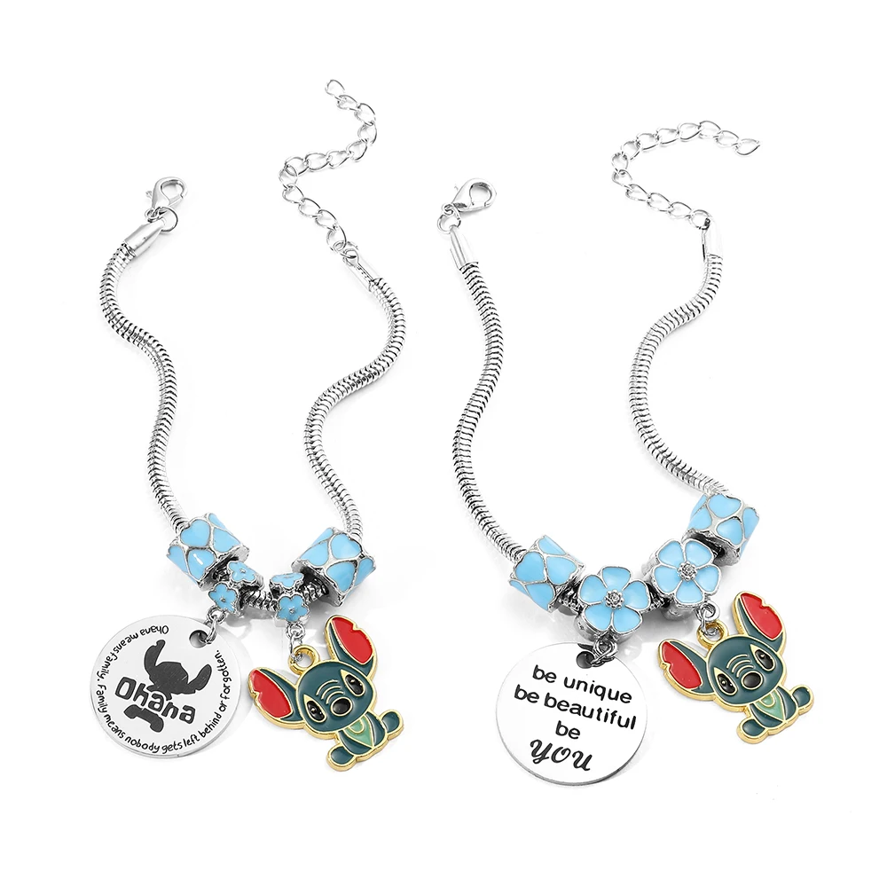 Disney Anime Lilo & Stitch Beads Bracelet Cartoon Figure Stitch Enamel Nameplate Charms Bracelet Fashion DIY Jewelry Bangles