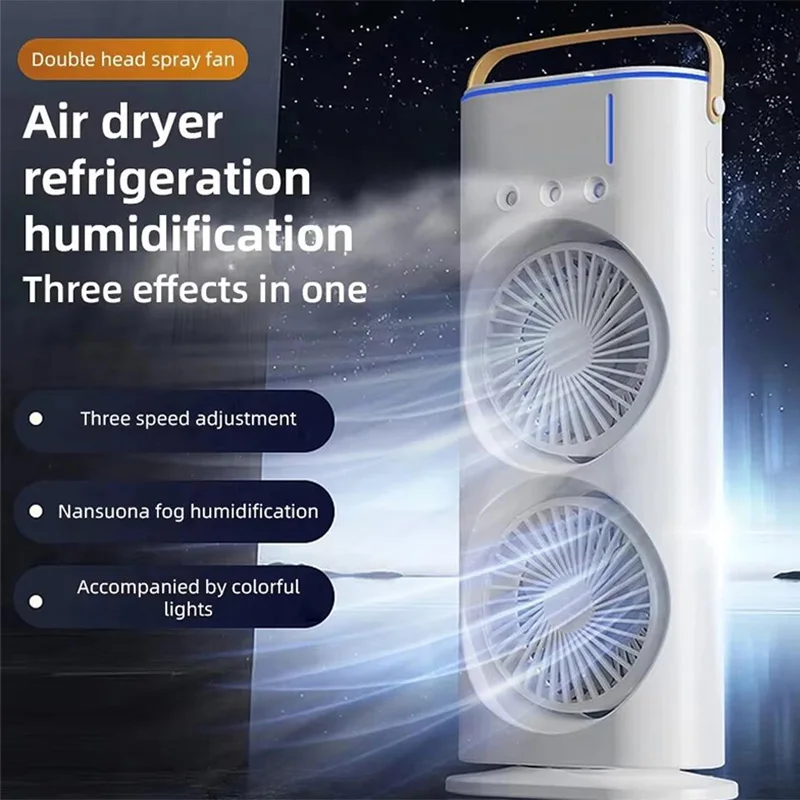 Desktop remote control three-speed fan, double-head three-hole ice mist small fan, charging remote control, silent fan