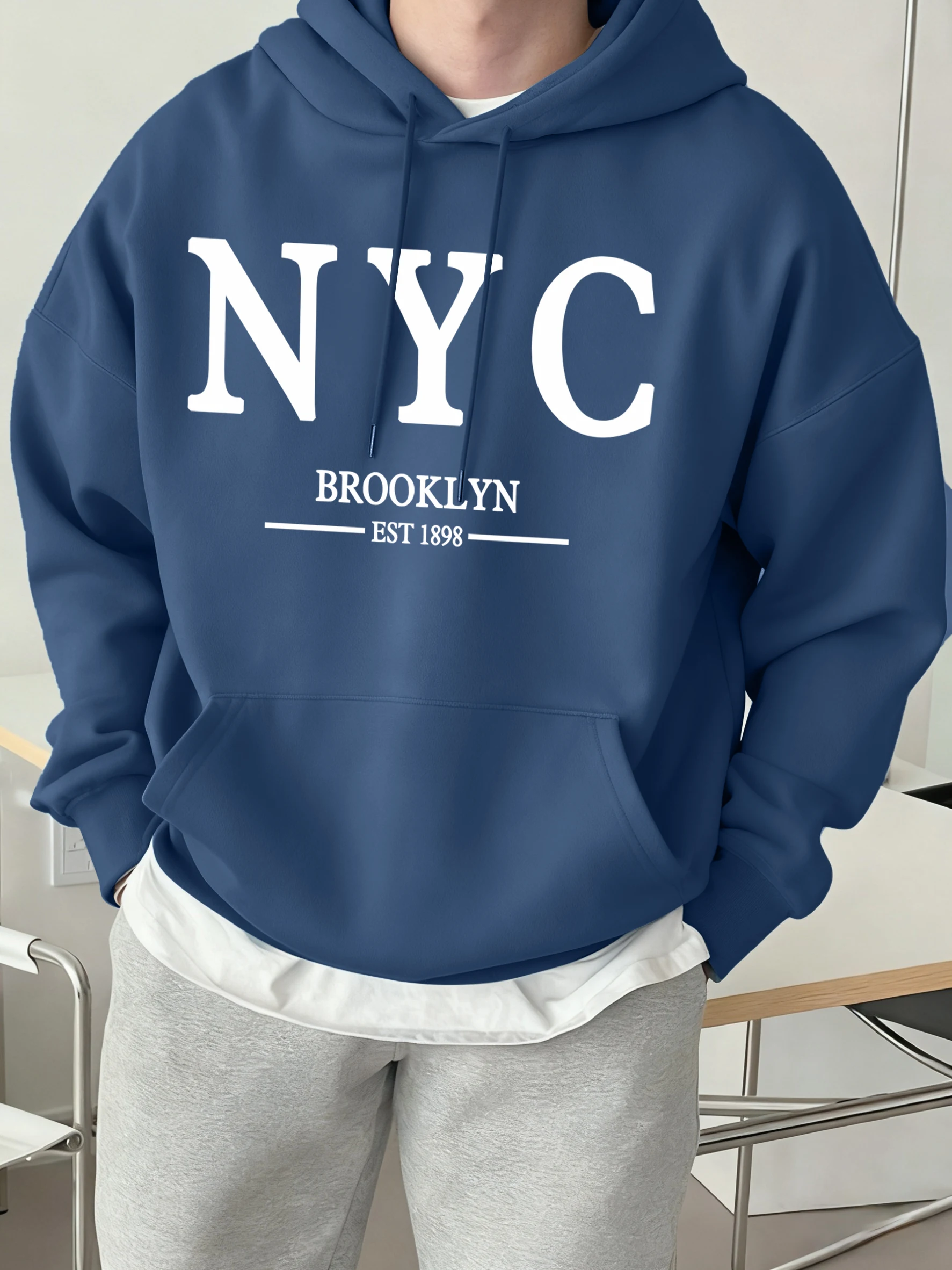 New York Brief Druck Täglich Basic Hoodie Mann Casual Lose Vintage Streetwear Warme Pelz-Liner Pullover Fleece Langarm männlichen