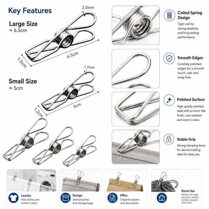 100~10 Stück Büroklammern aus Metall, Hohlklammern, Mehrzweck-Utility-Clips, Edelstahlklammern, Stoffklammern für Küche und Büro – Detail 2