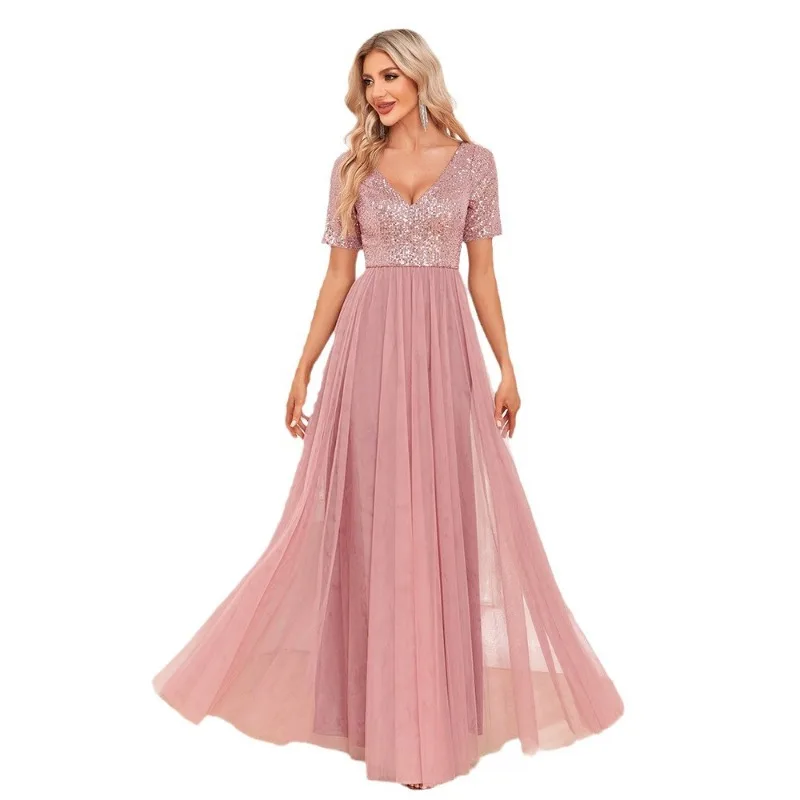 New Women's Elegant Short Sleeved Patchwork Double V-neck A-line Sheer Evening Dress with Sequins European and American Dress
