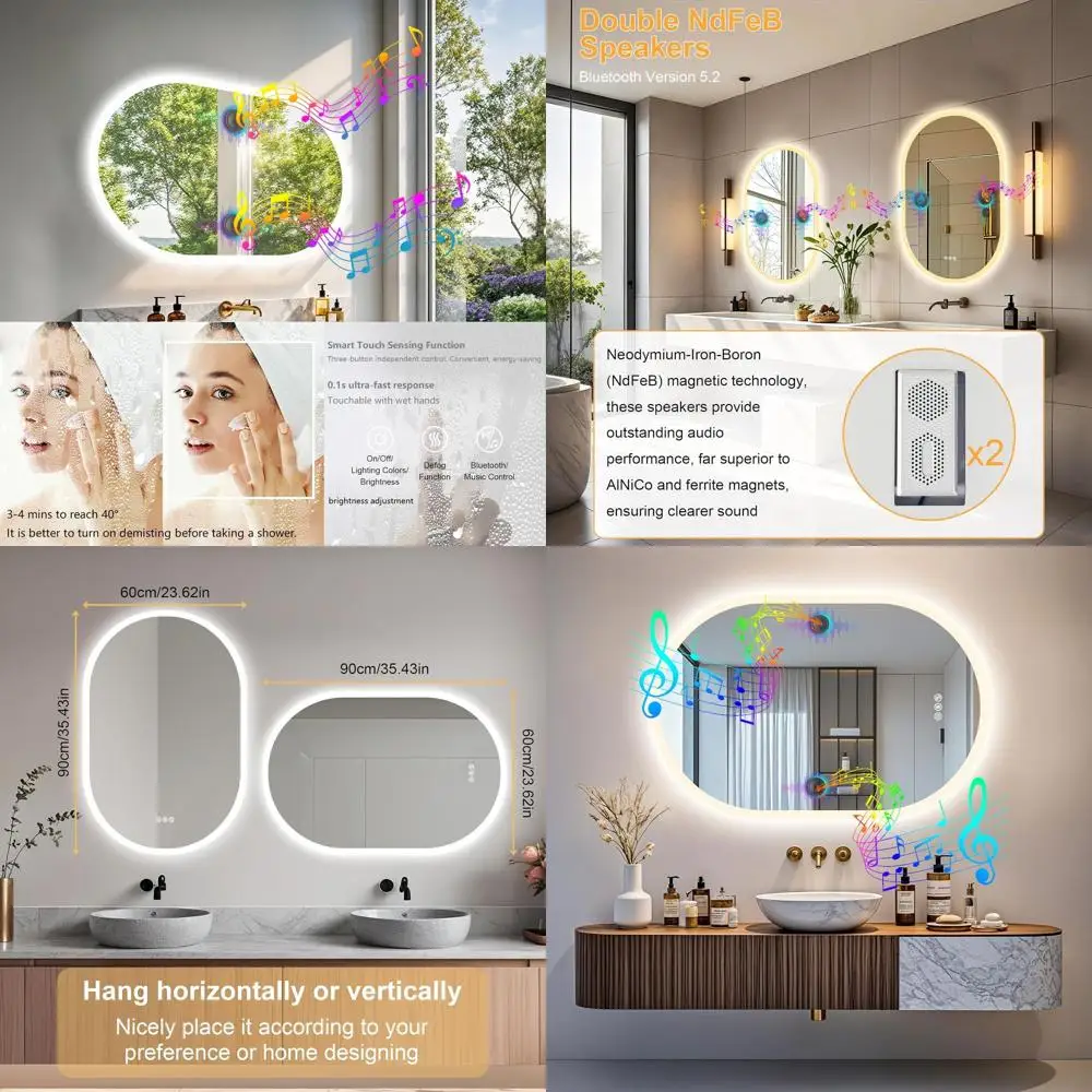 

Большое овальное LED-зеркало для макияжа с Bluetooth, отображением времени и температуры, регулируемой подсветкой и функцией памяти