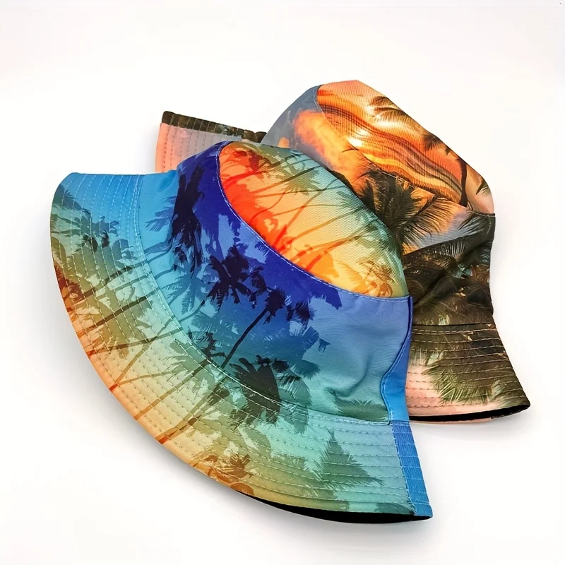 Tropical Sunset Beach Palm Tree Print Reversible Bucket Hat Lightweight Polyester Unisex Fisherman Cap for Party Outdoor