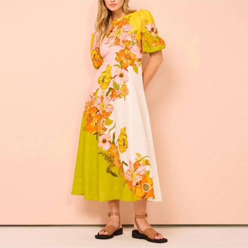 

Women's Summer Dresses Floral Dresses Round Neck Puff Sleeve Dresses Summer Floral Patchwork Dresses Vacation Dresses 2024