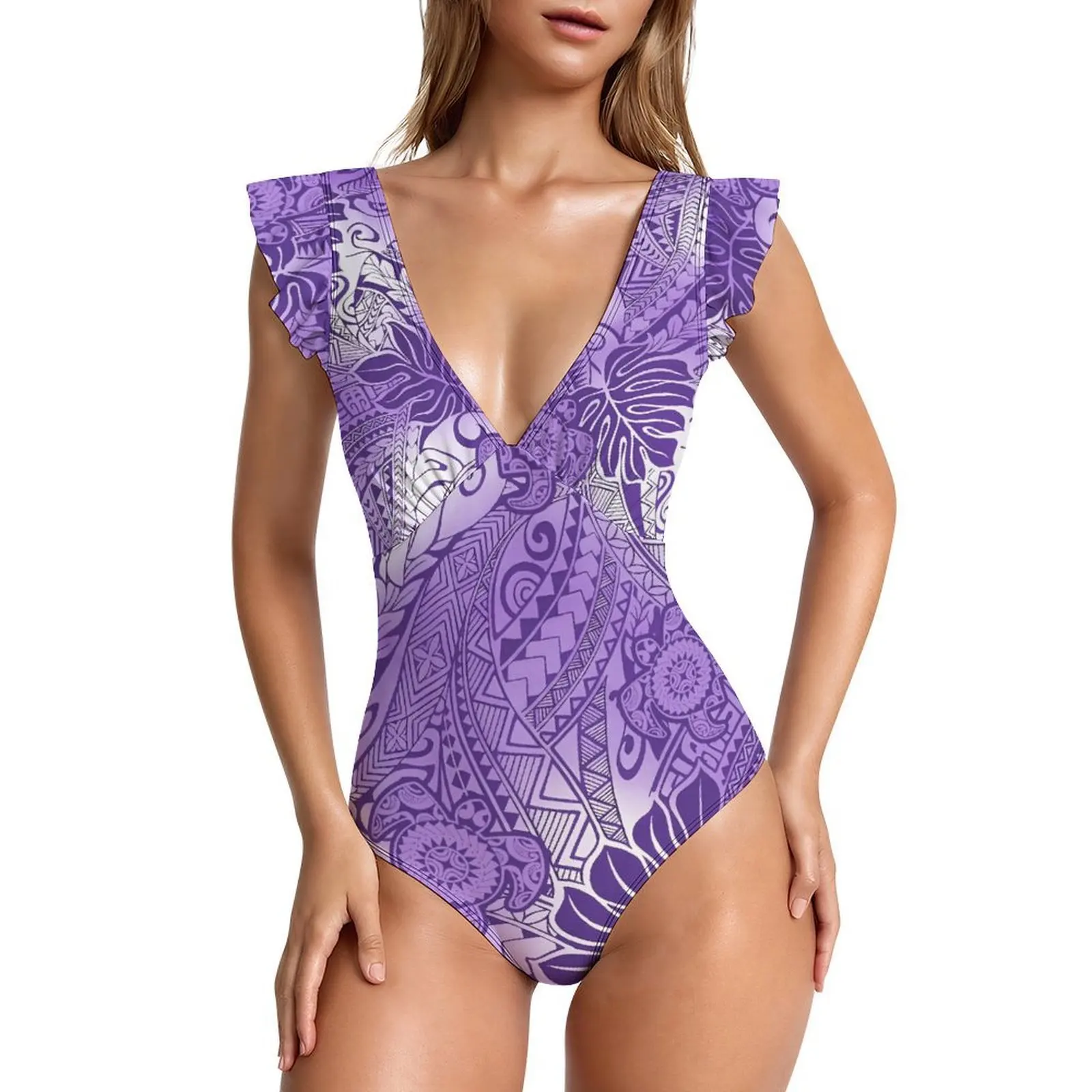 V-Neck Polynesian-Style Custom-Patterned Ruffled Sleeve One-Piece Swimming Suit With A Tribal Design Wholesale Of Bikini