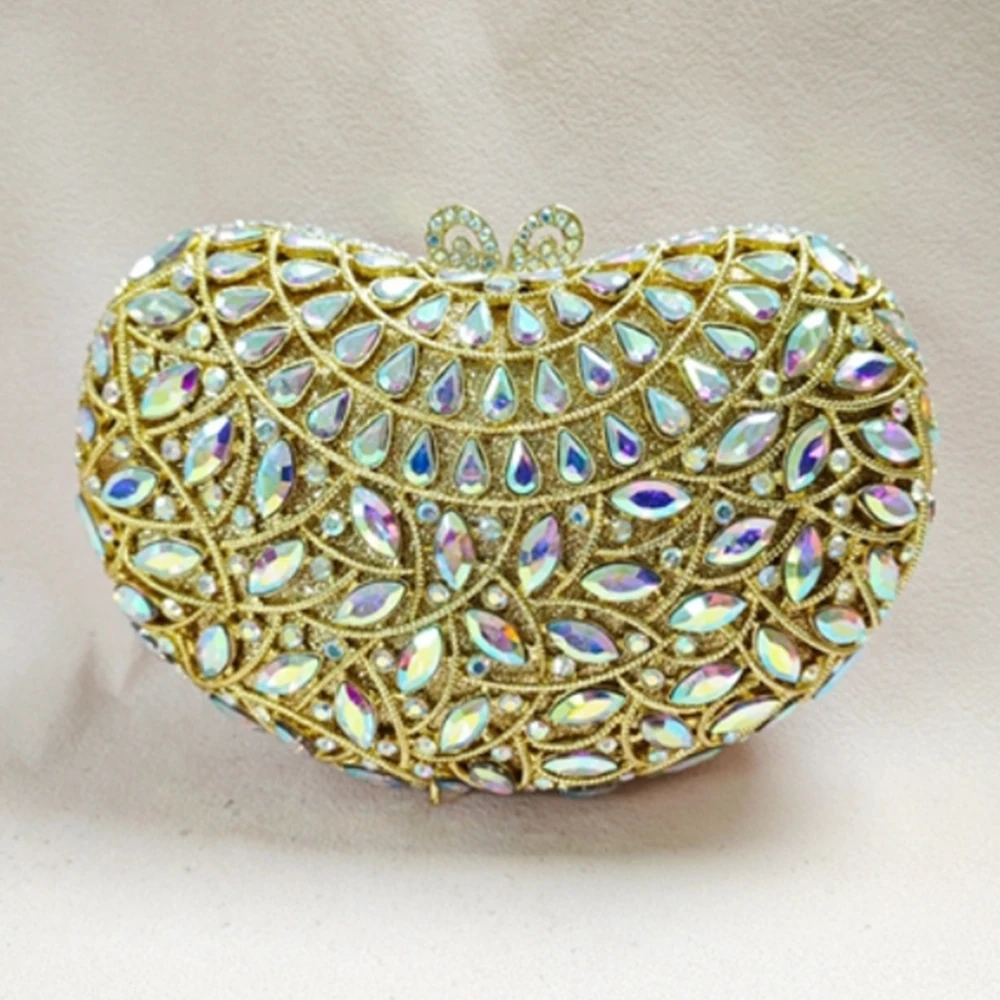 Heart Shaped Silver/Gold Metal Blue Rhinestone Wedding Purse Luxury Women Diamond Party Prom Clutches Crystal Dinner Handbags