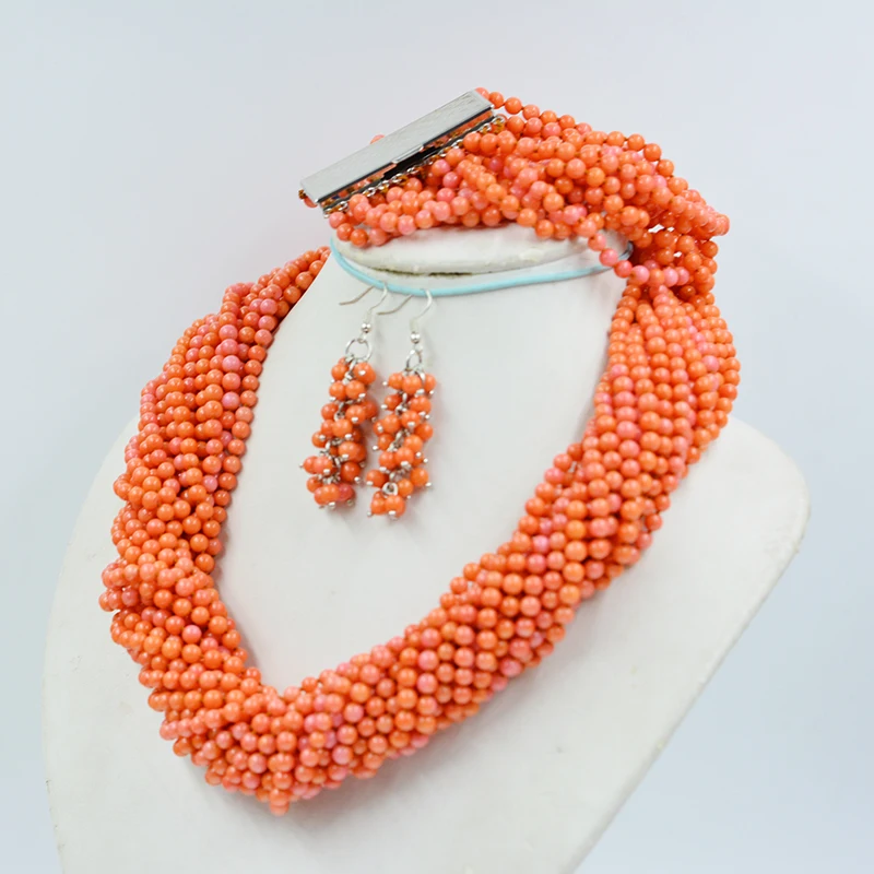 20 strand necklace/13 strand bracelet. 4MM natural orange coral necklace. Classic Bridal Wedding Jewelry Set